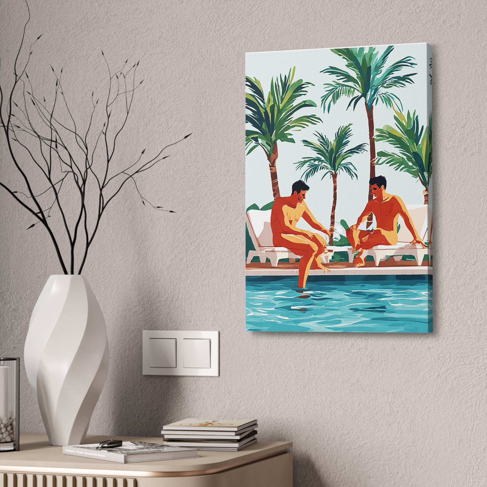 Palm Poolside Canvas Print — Vintage Tropical Resort Wall Art