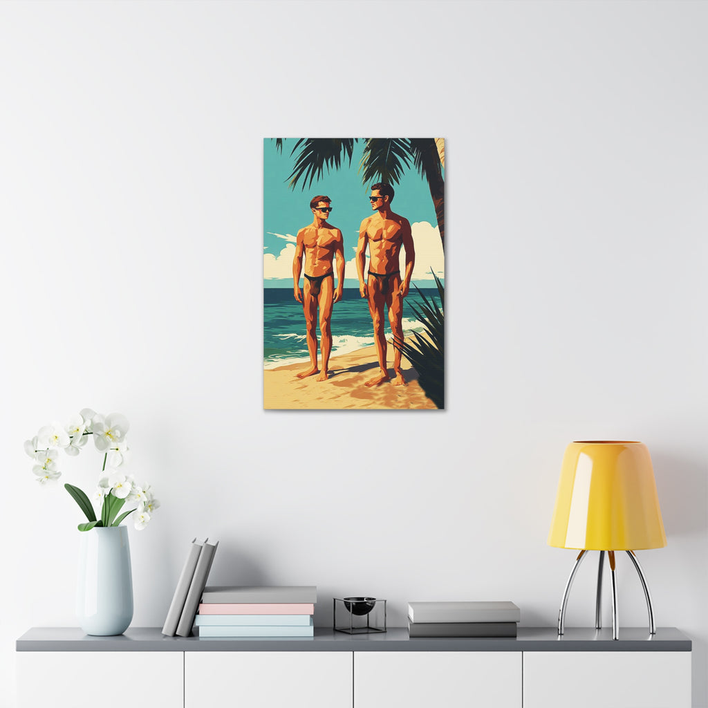 Vintage Beach Print Canvas — Two Men at Sea Stretched Wall Art
