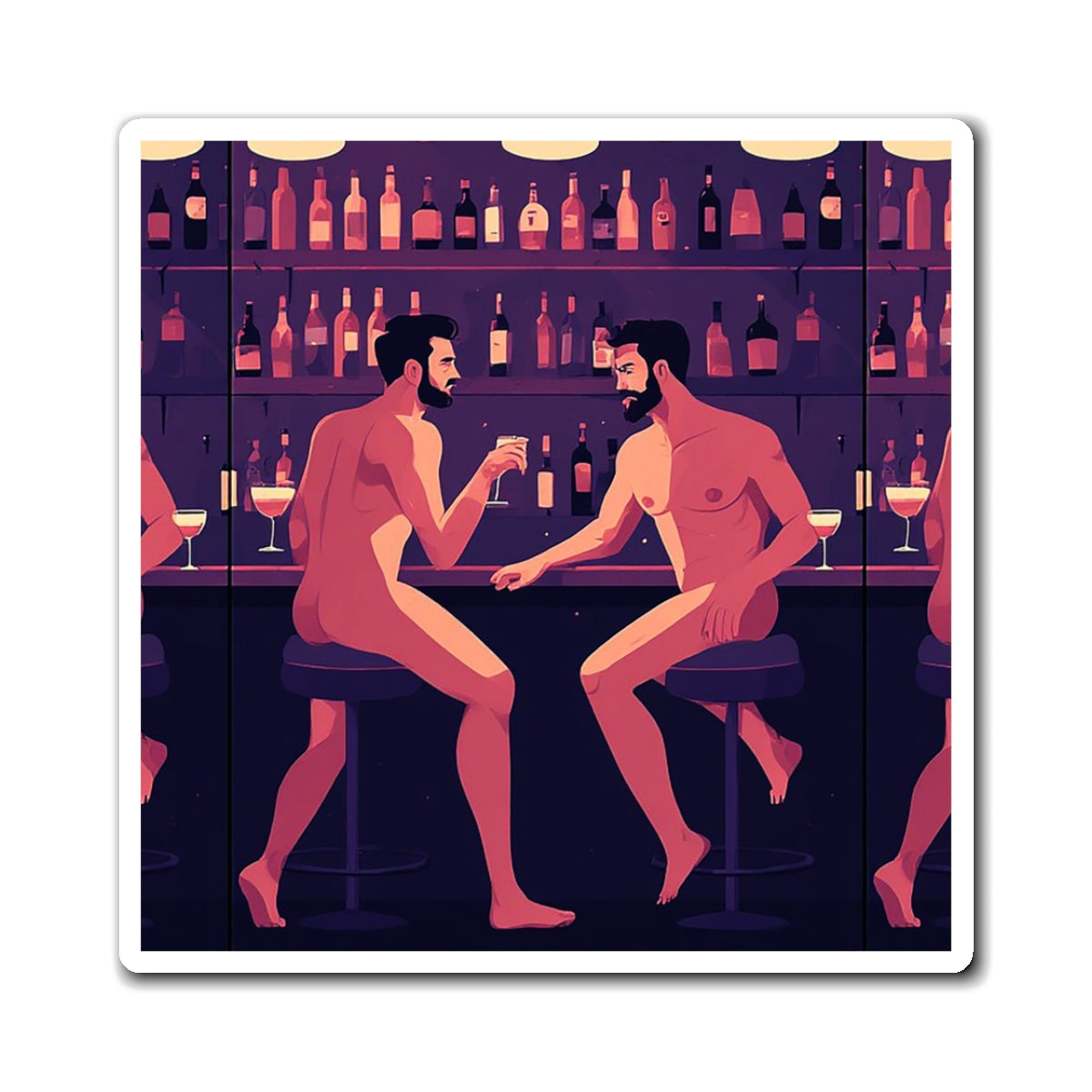 Gay Bar Nightclub Magnet — Retro Two Men Drinking Illustration Refrigerator Sticker