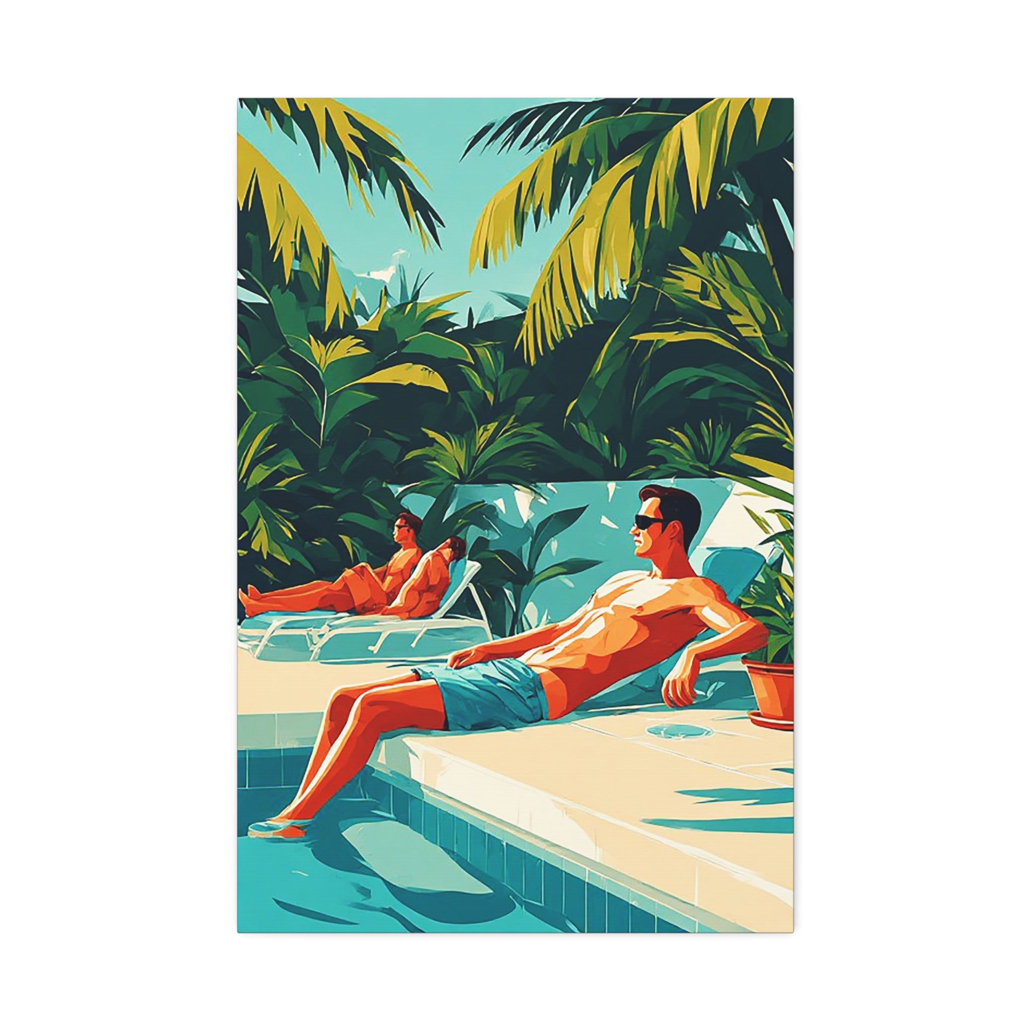 Tropical Poolside Canvas Art – Retro Sunbathers Wall Decor