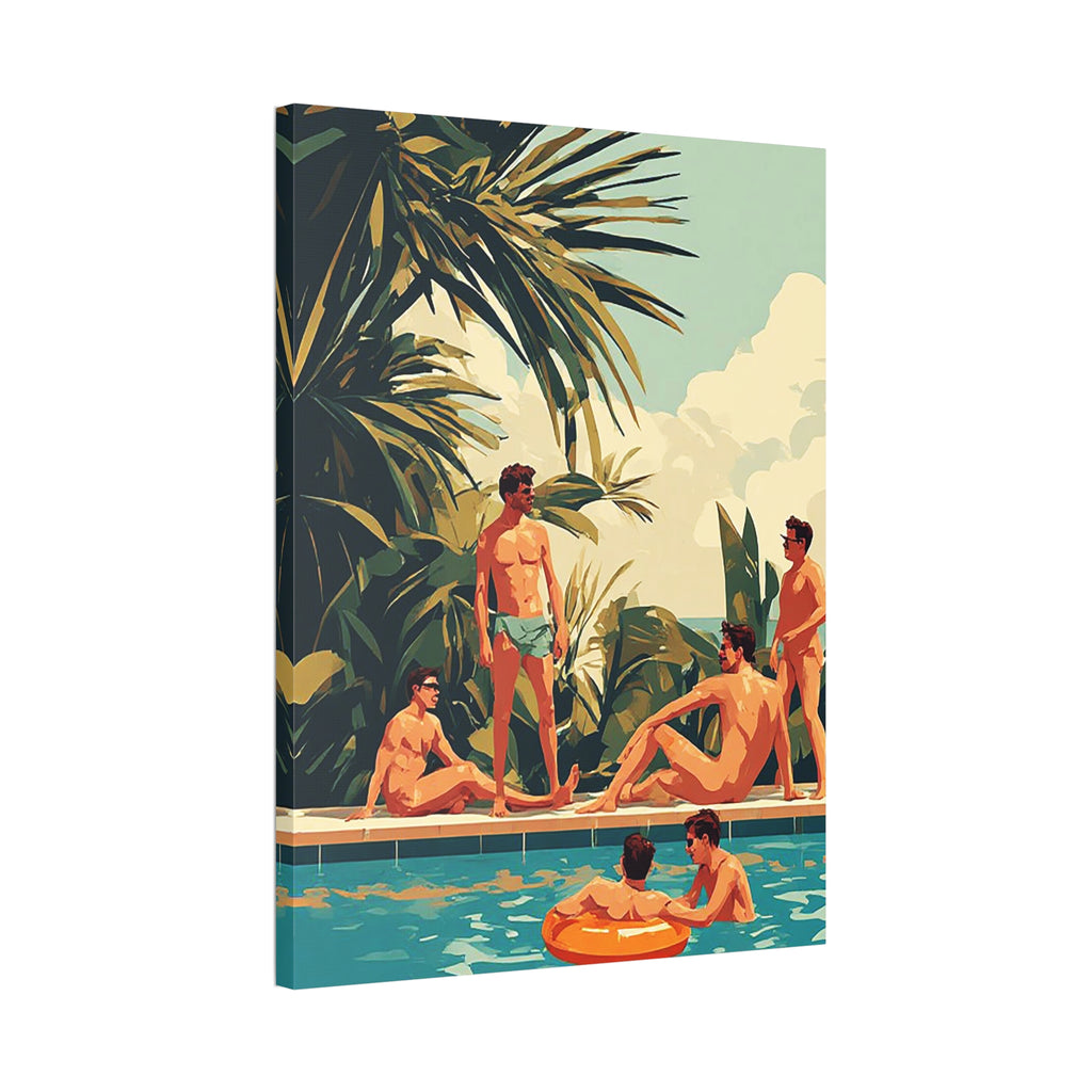 Retro Poolside Canvas Wall Art — Vintage Summer Men by the Pool Stretched Canvas