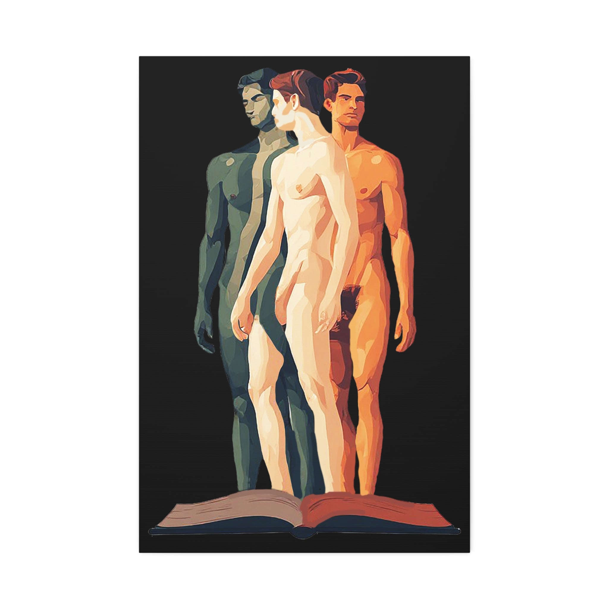 Figurative Triptych Canvas Art – Three Standing Men Over Open Book