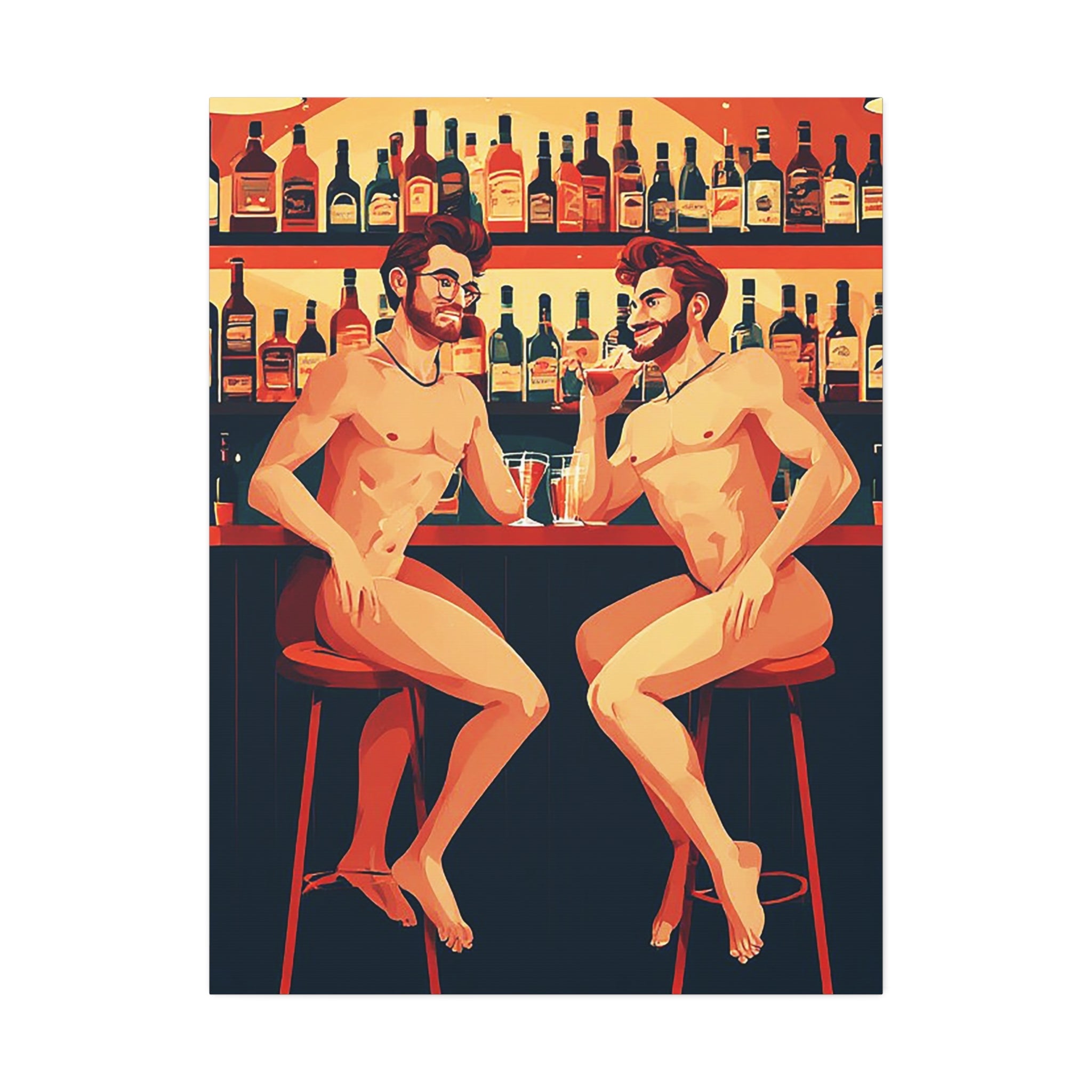 Nude Bar Buddies Canvas Print — Playful Gay Art Stretched Wall Decor