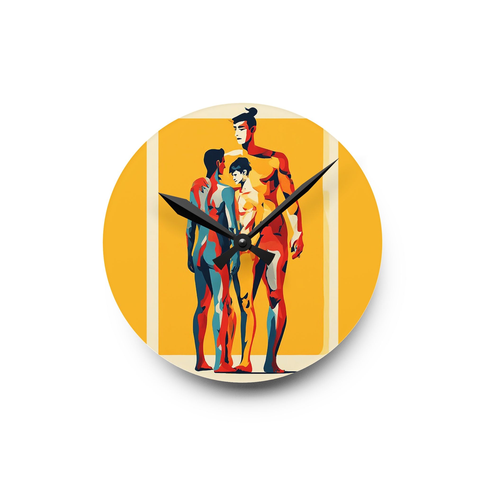 Acrylic Wall Clock — Retro Pop Art Family Silhouette on Yellow