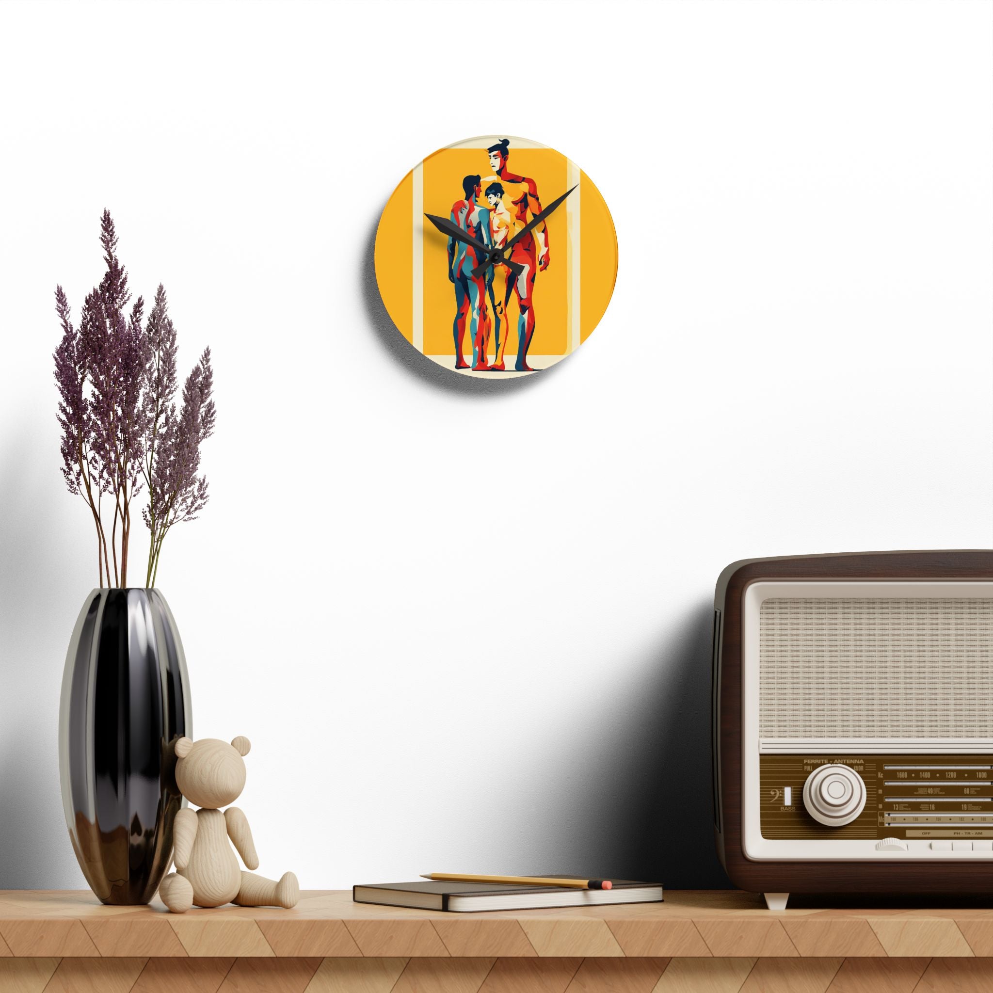 Acrylic Wall Clock — Retro Pop Art Family Silhouette on Yellow