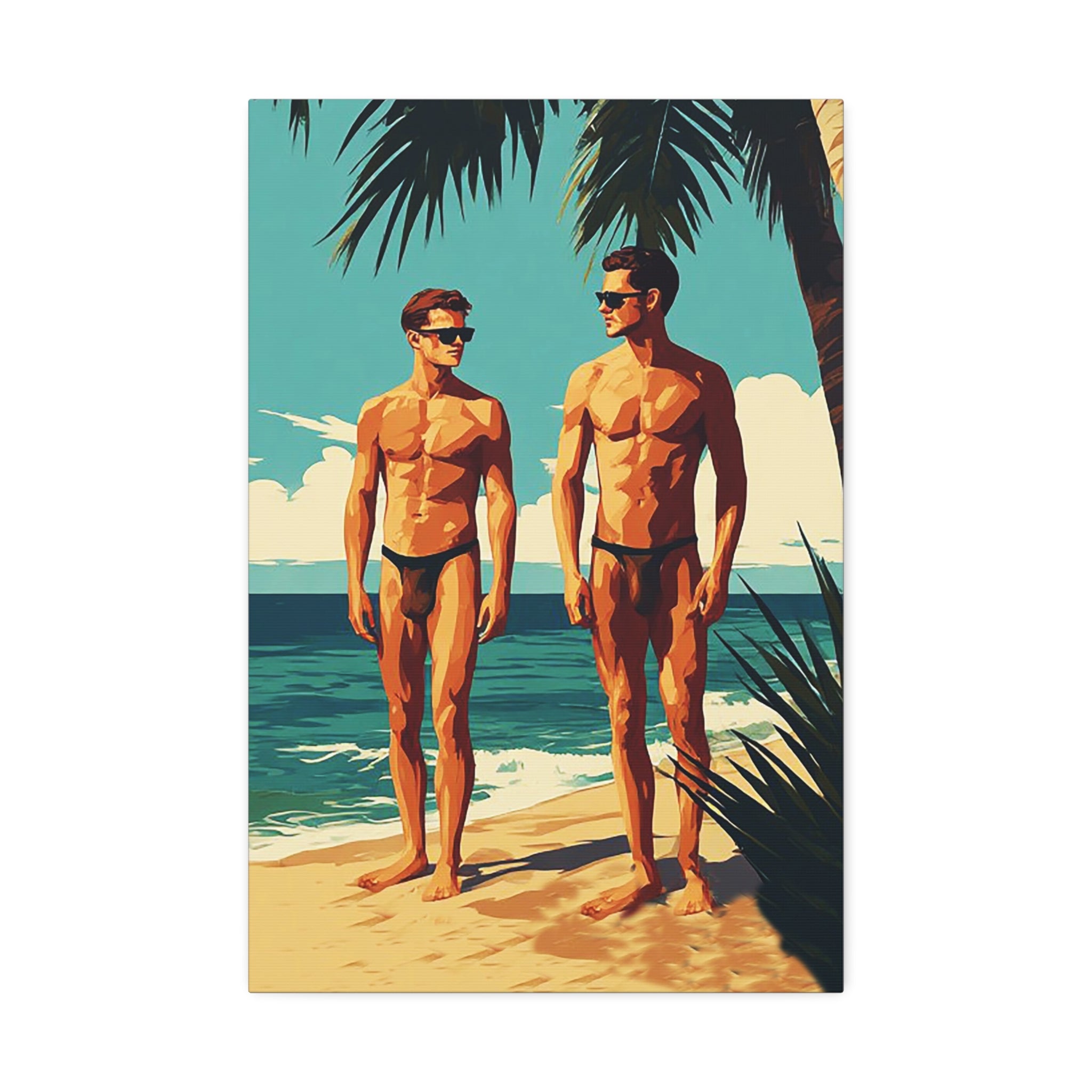 Vintage Beach Print Canvas — Two Men at Sea Stretched Wall Art