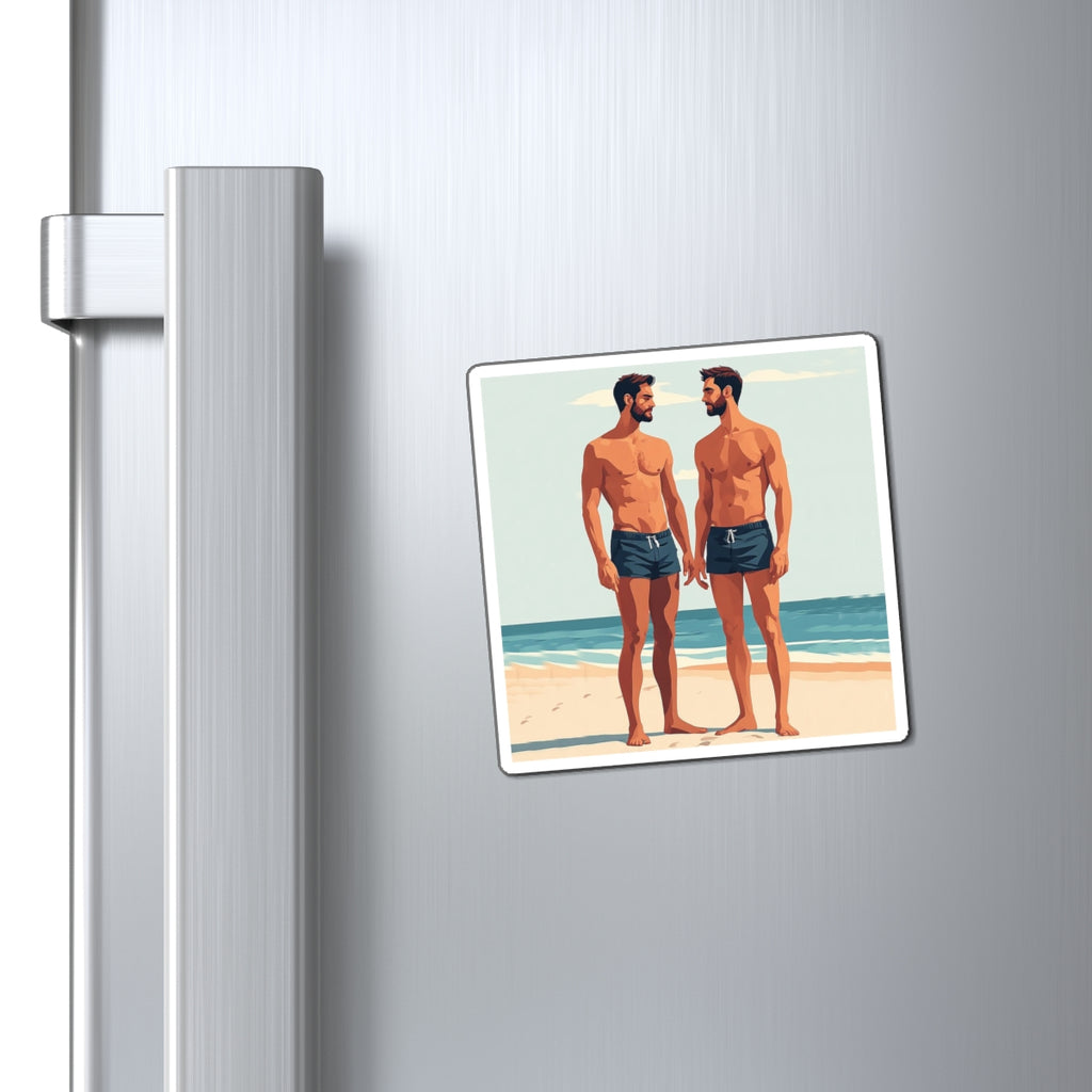 Beach Couple Magnet — Gay Pride LGBTQ+ Fridge Magnet (Two Men in Swim Shorts)