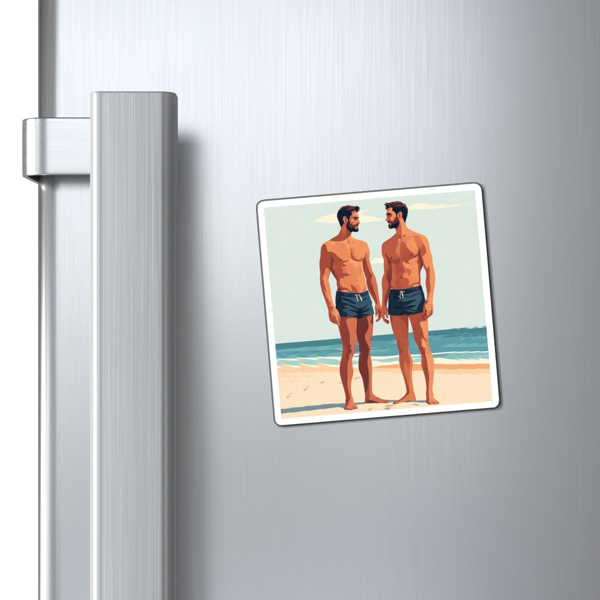 Beach Couple Magnet — Gay Pride LGBTQ+ Fridge Magnet (Two Men in Swim Shorts)