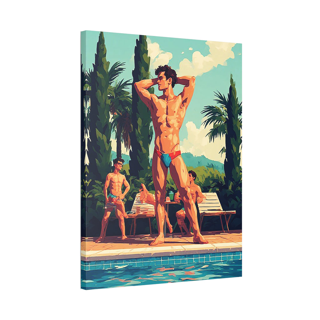 Poolside Men Canvas Print — Retro Tropical Swimsuit Wall Art
