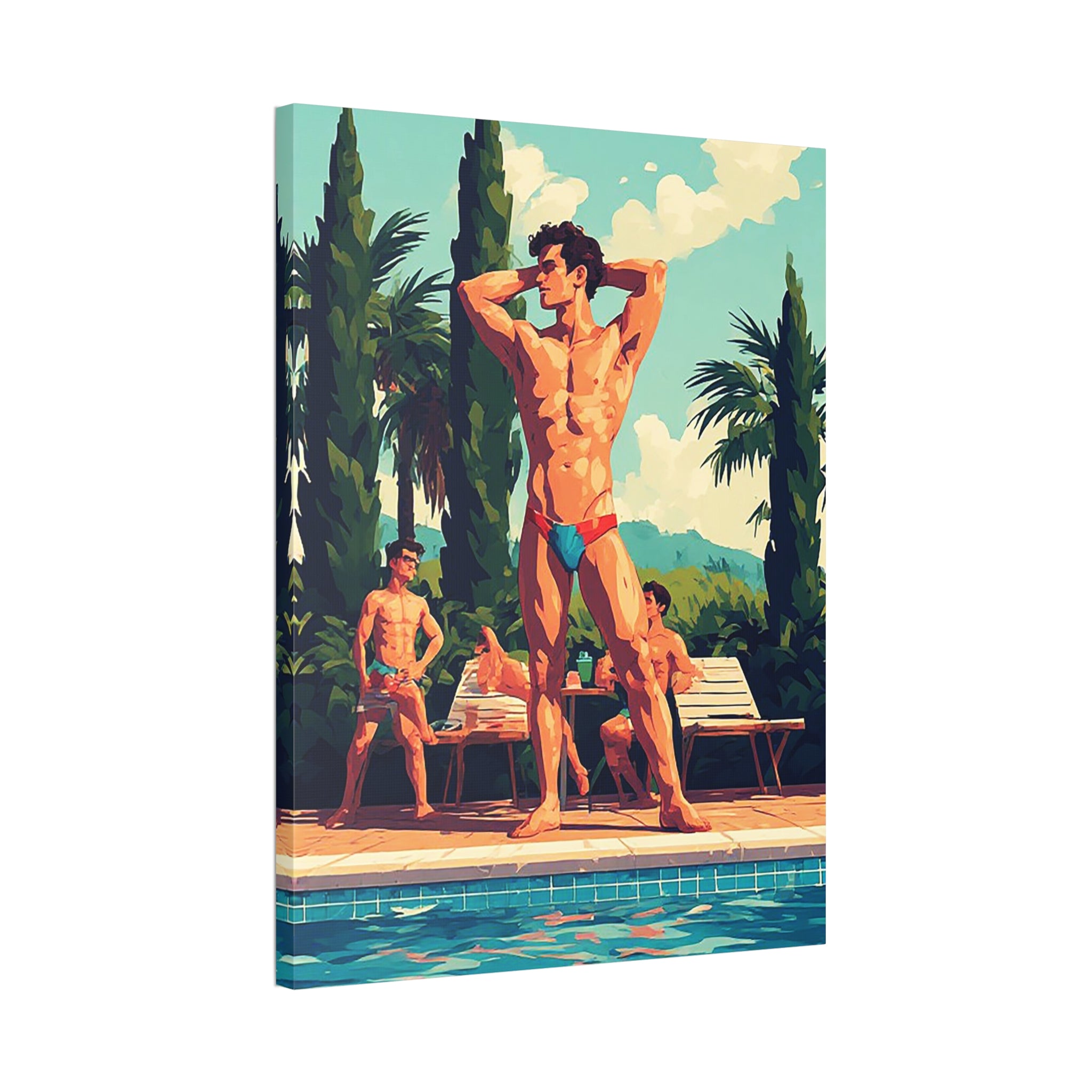 Poolside Men Canvas Print — Retro Tropical Swimsuit Wall Art