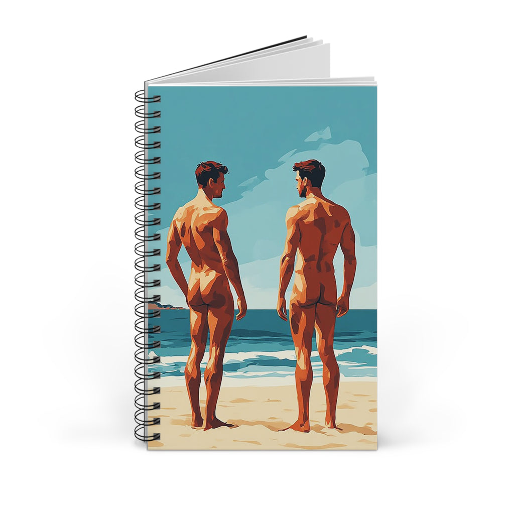 Beach-Backs Spiral Journal — Two Men at Seaside Illustration Notebook