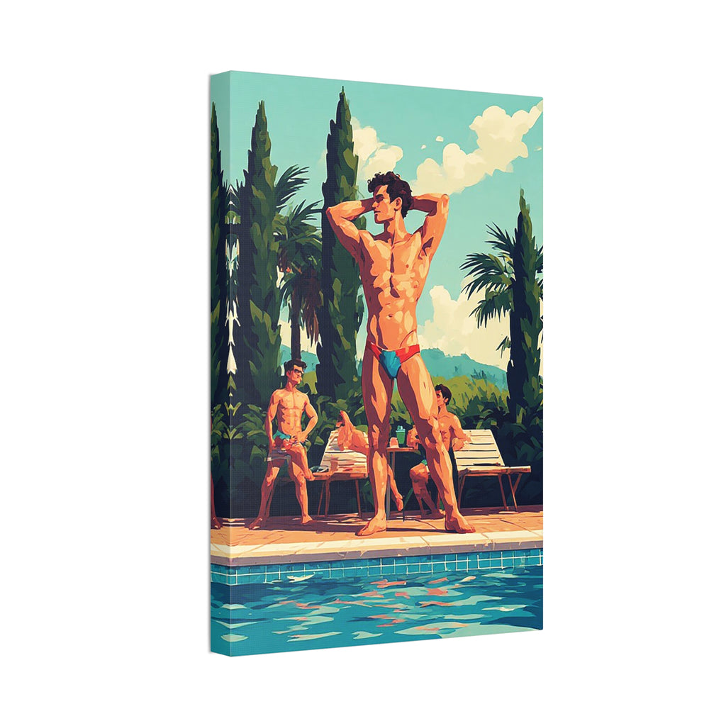 Poolside Men Canvas Print — Retro Tropical Swimsuit Wall Art