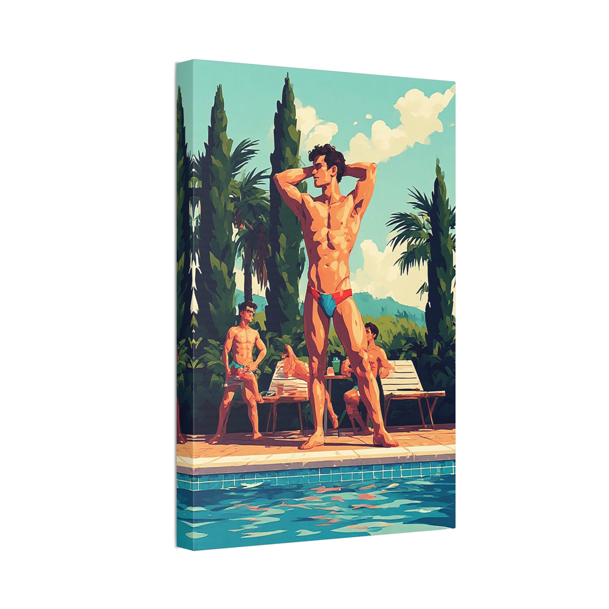 Poolside Men Canvas Print — Retro Tropical Swimsuit Wall Art