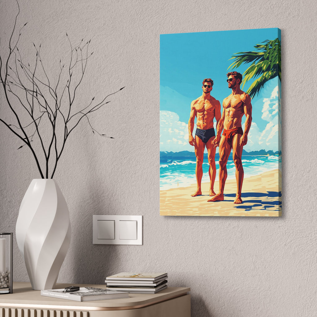 Beach Muscle Poster Canvas — Two Men Summer Swim Art (Stretched 1.5")