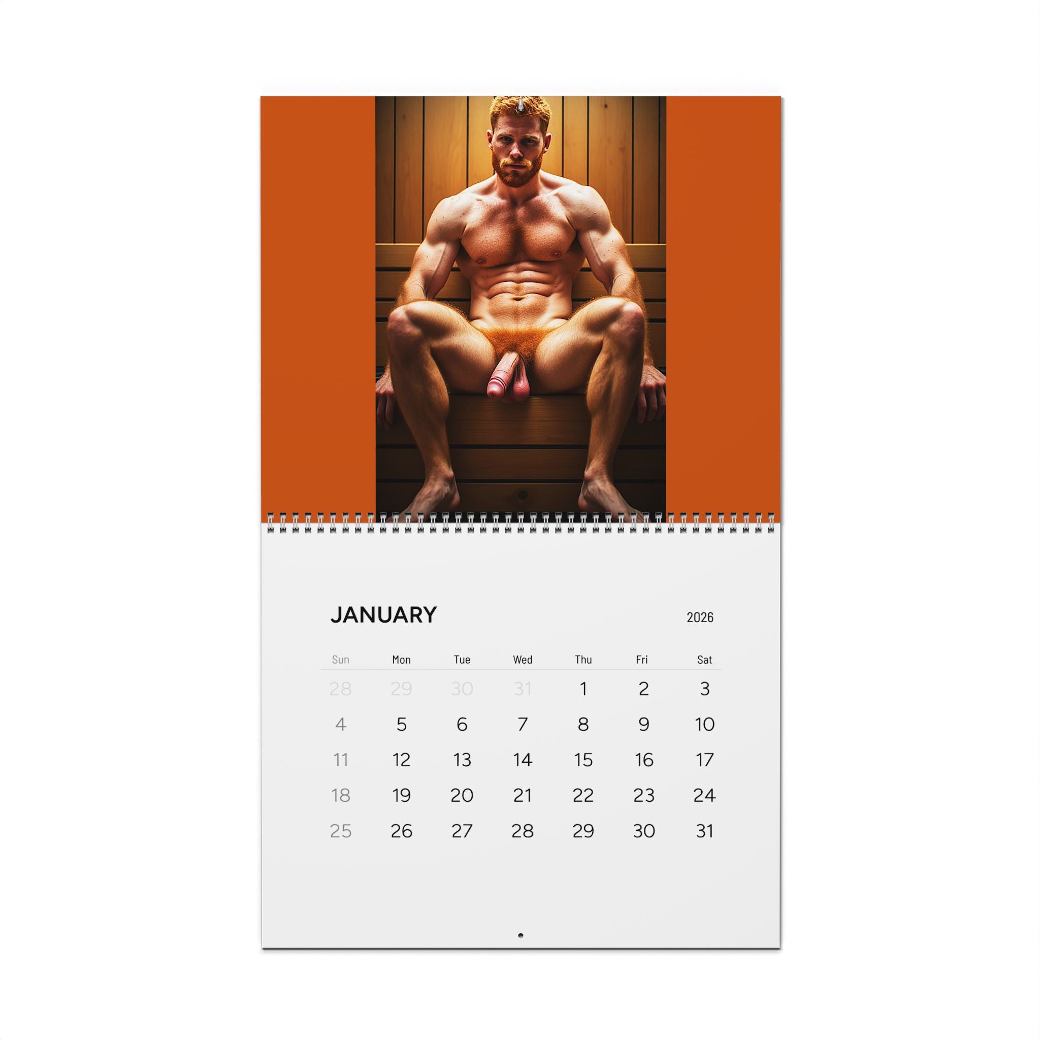 Nude Sauna Muscle Wall Calendar 2026 — Gay Men's Pinup 12-Month Calendar
