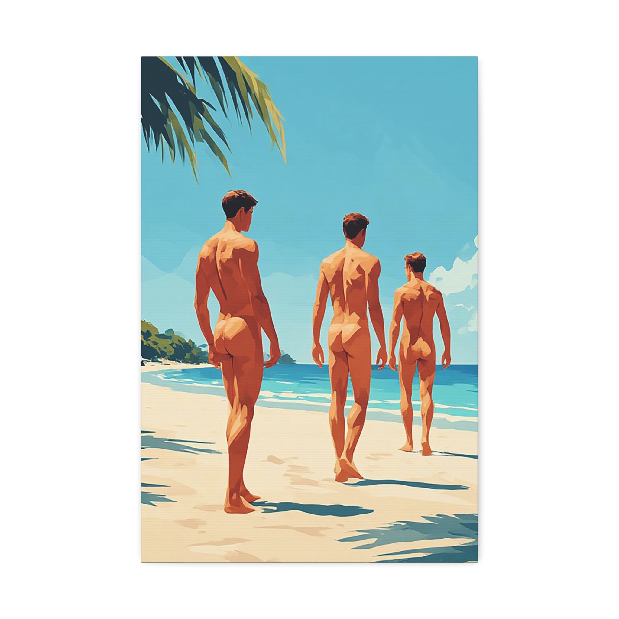Beach Walk Canvas Print — Retro Sunlit Male Figures Stretched Canvas