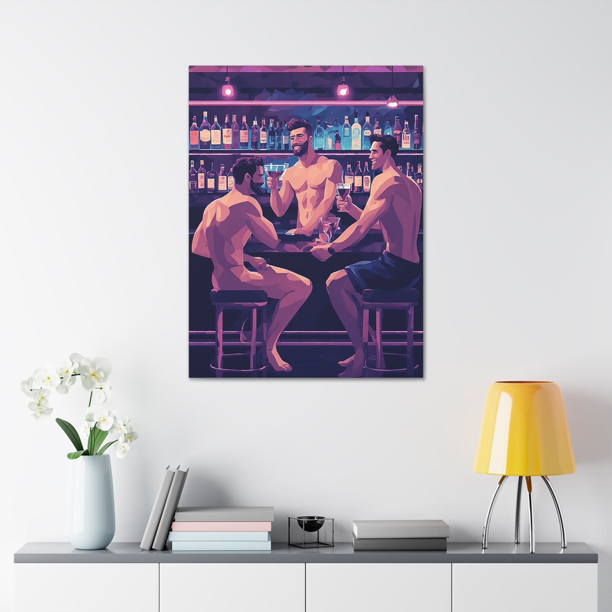 Naked Bartenders Canvas Print – Men at the Bar Stretched Wall Art