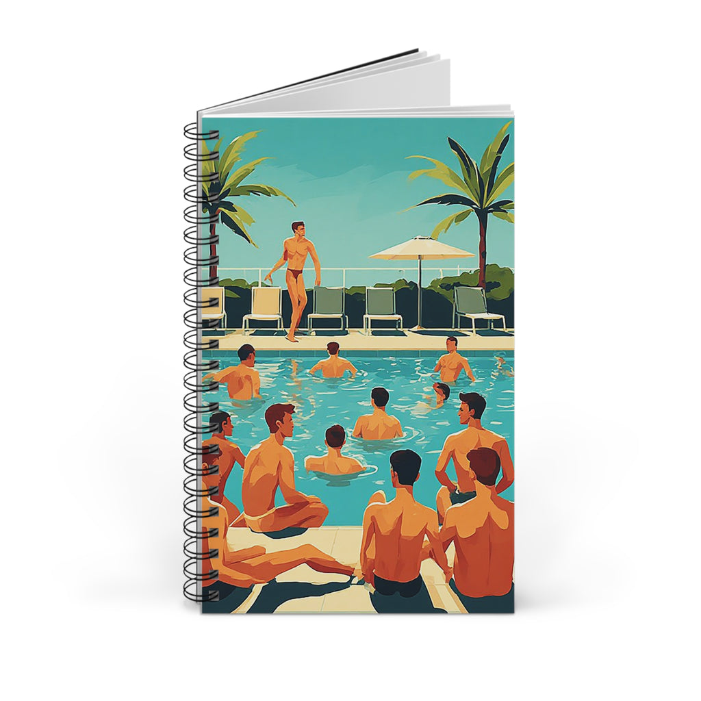 Vintage Poolside Spiral Journal — Retro Men at the Pool Illustration Notebook