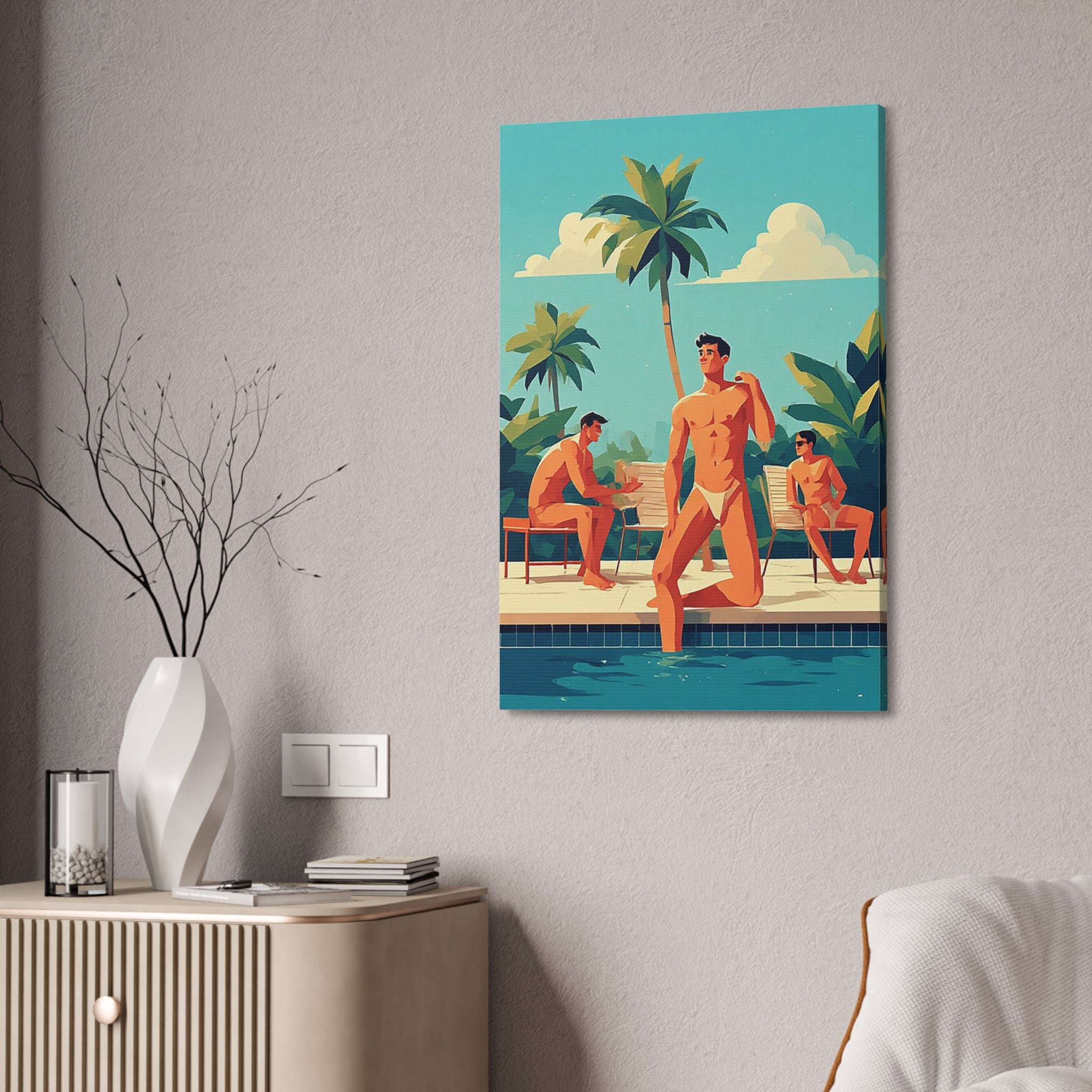 Tropical Poolside Canvas Print — Retro Men at Pool Art