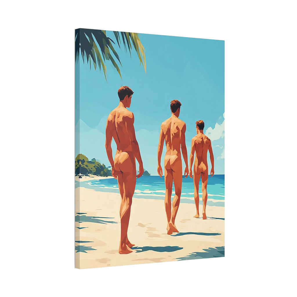 Beach Walk Canvas Print — Retro Sunlit Male Figures Stretched Canvas