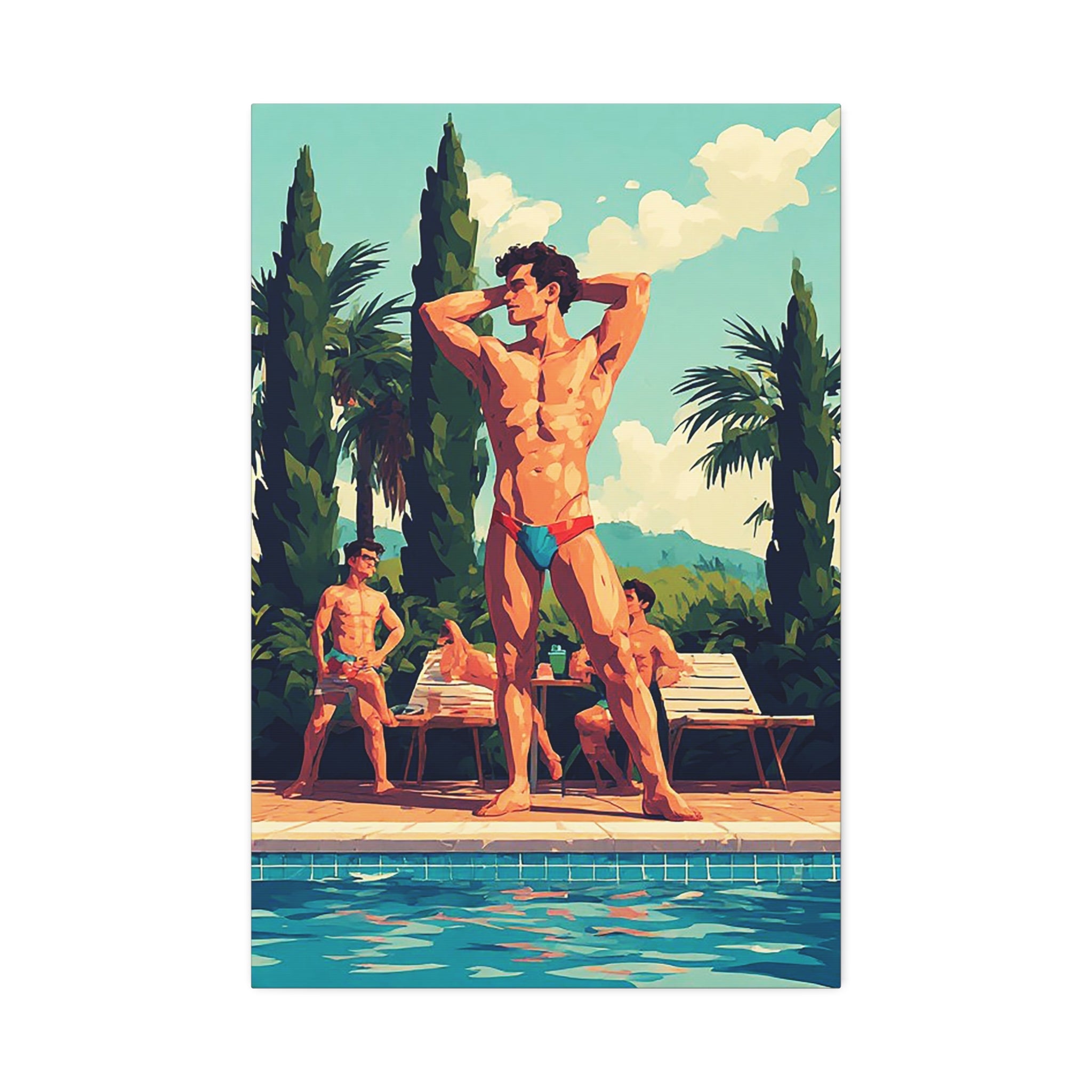 Poolside Men Canvas Print — Retro Tropical Swimsuit Wall Art
