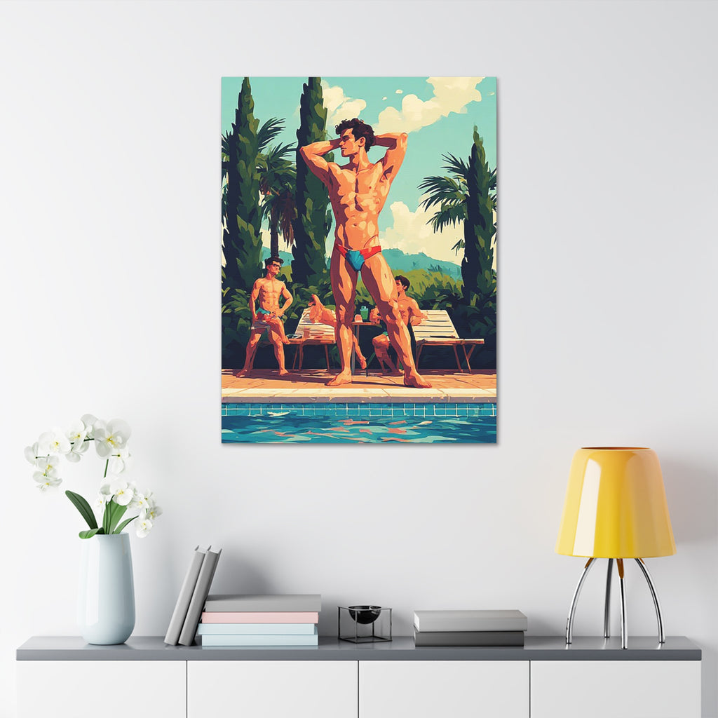 Poolside Men Canvas Print — Retro Tropical Swimsuit Wall Art