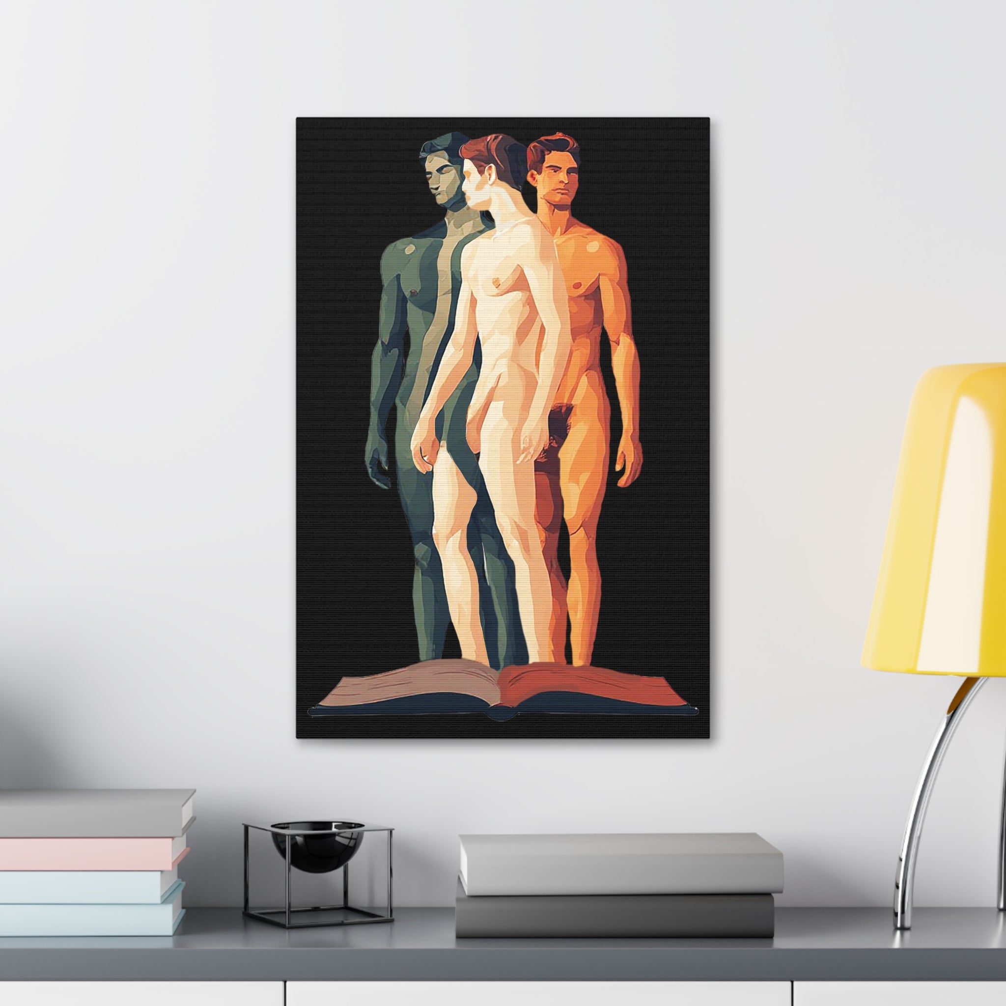 Figurative Triptych Canvas Art – Three Standing Men Over Open Book
