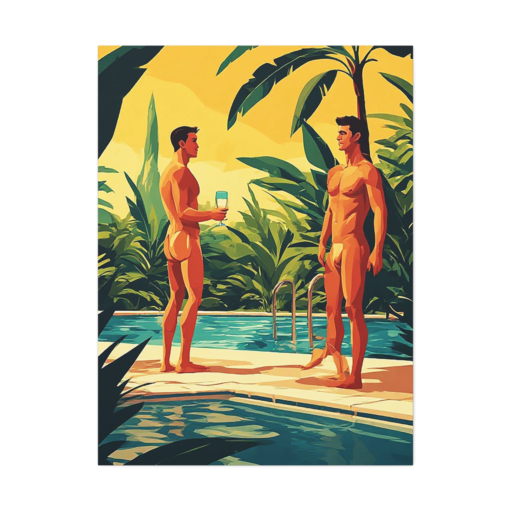 Poolside Fathers & Sons Canvas Print — Retro Summer Art