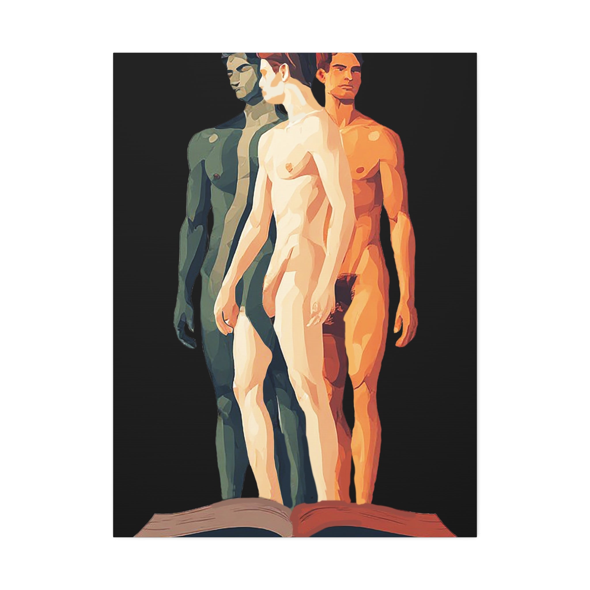 Figurative Triptych Canvas Art – Three Standing Men Over Open Book