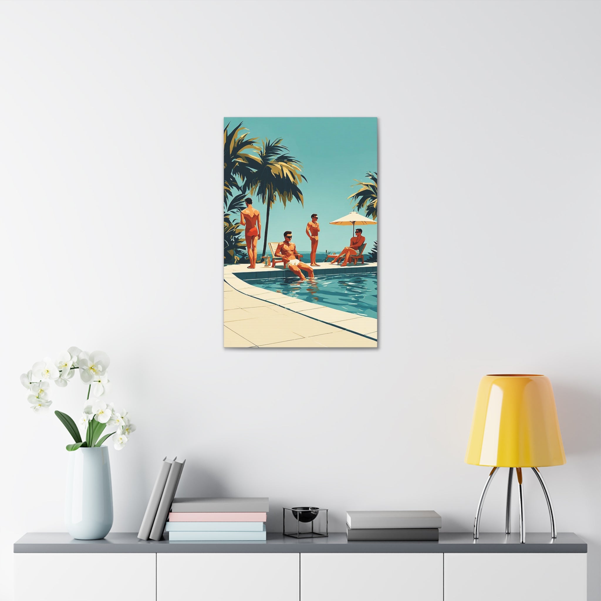 Vintage Poolside Canvas Wall Art — Retro Palm Trees & Sunbathers