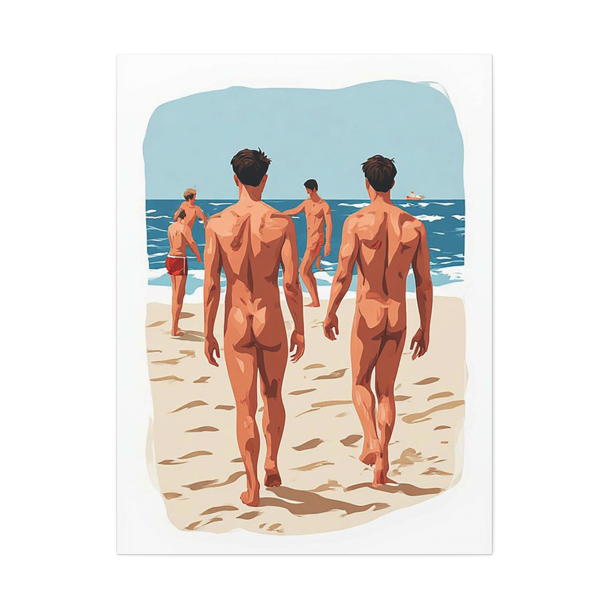 Canvas Wall Art – Beach Scene of Men Walking on Shore (Stretched Canvas)
