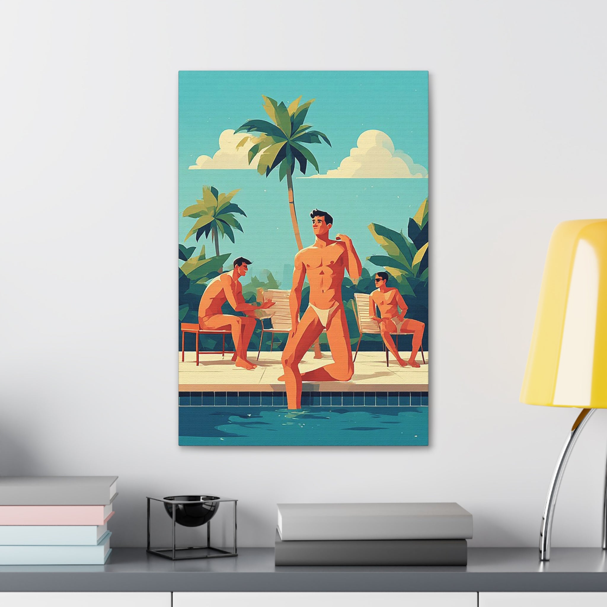 Tropical Poolside Canvas Print — Retro Men at Pool Art