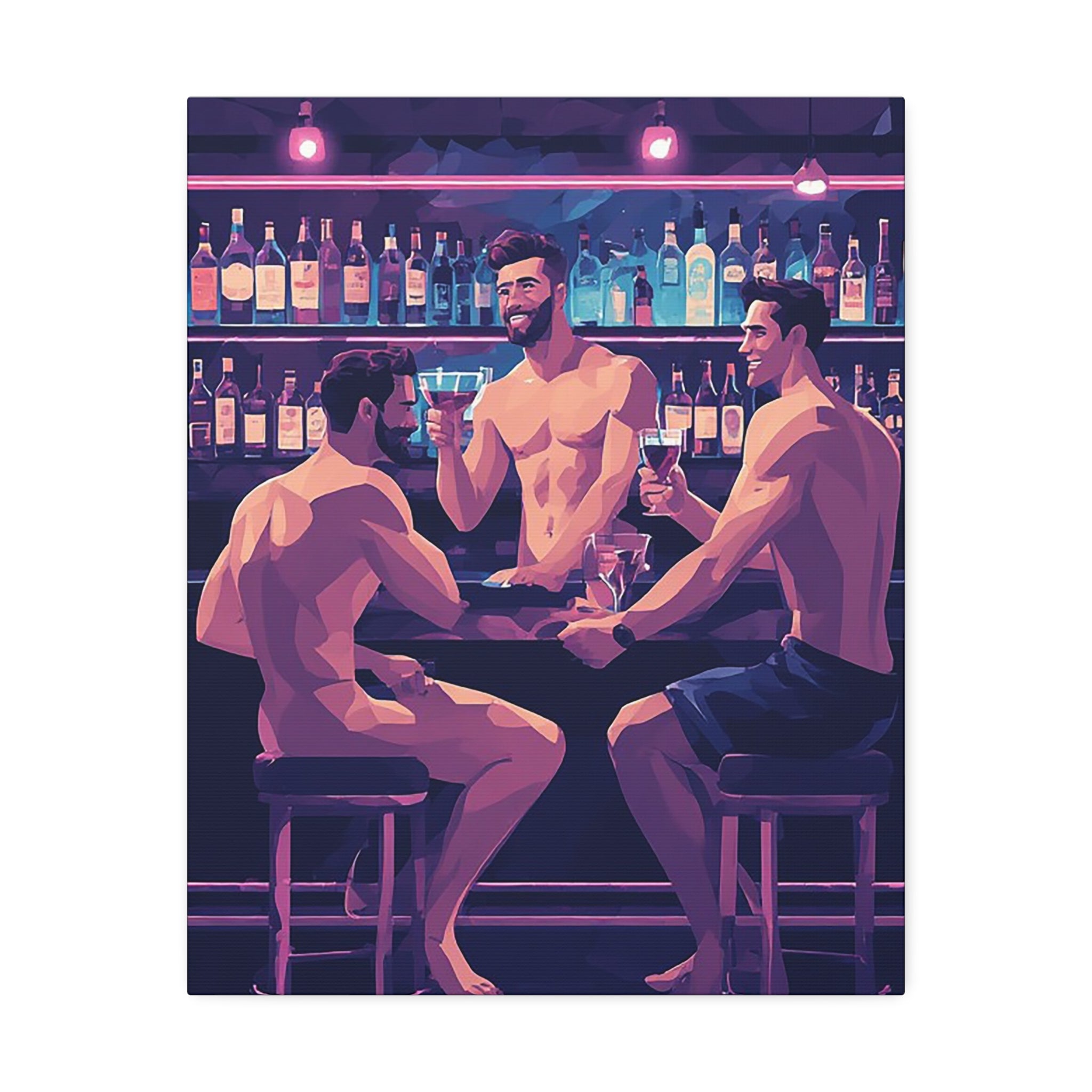 Naked Bartenders Canvas Print – Men at the Bar Stretched Wall Art