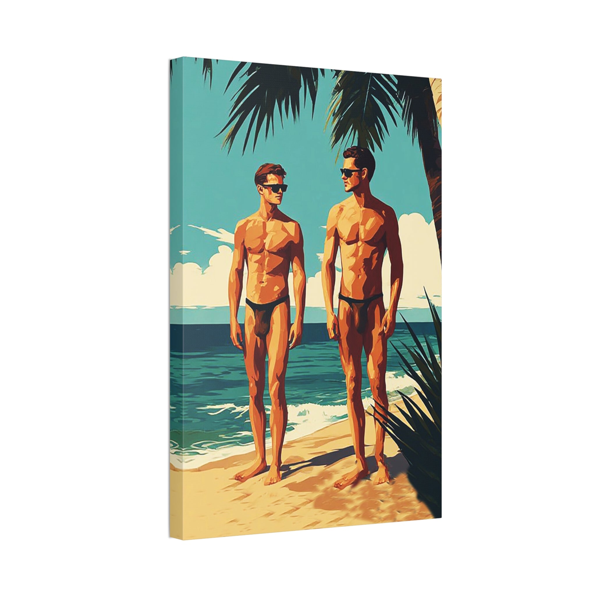 Vintage Beach Print Canvas — Two Men at Sea Stretched Wall Art