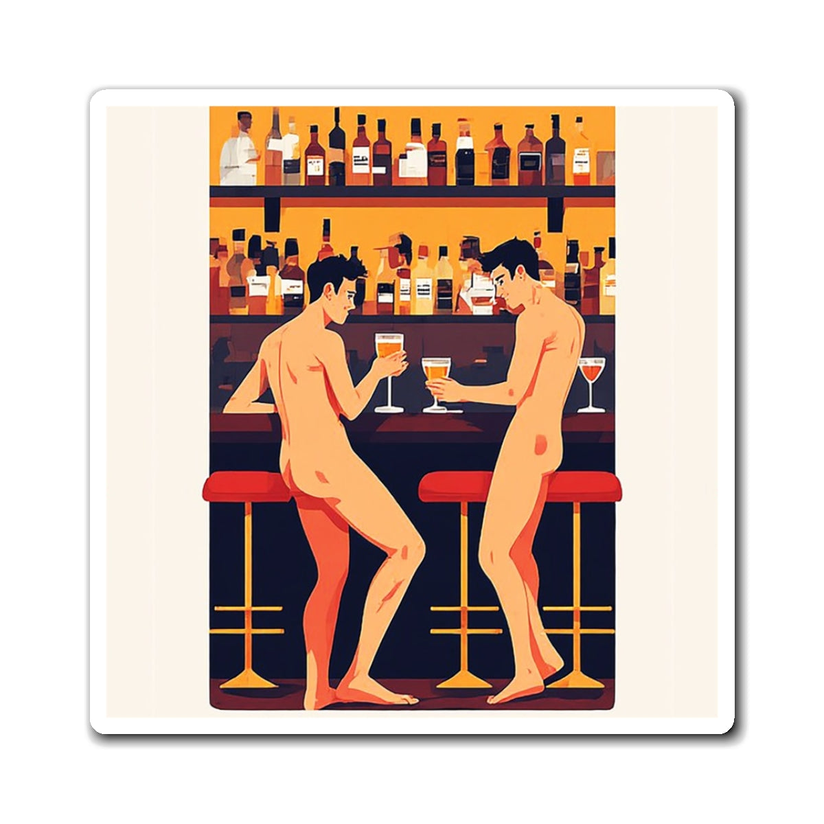 Naked Bar Buddies Magnet — Retro Gay Pride Kitchen Fridge Art