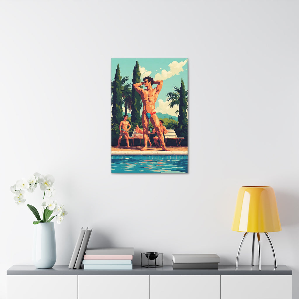 Poolside Men Canvas Print — Retro Tropical Swimsuit Wall Art