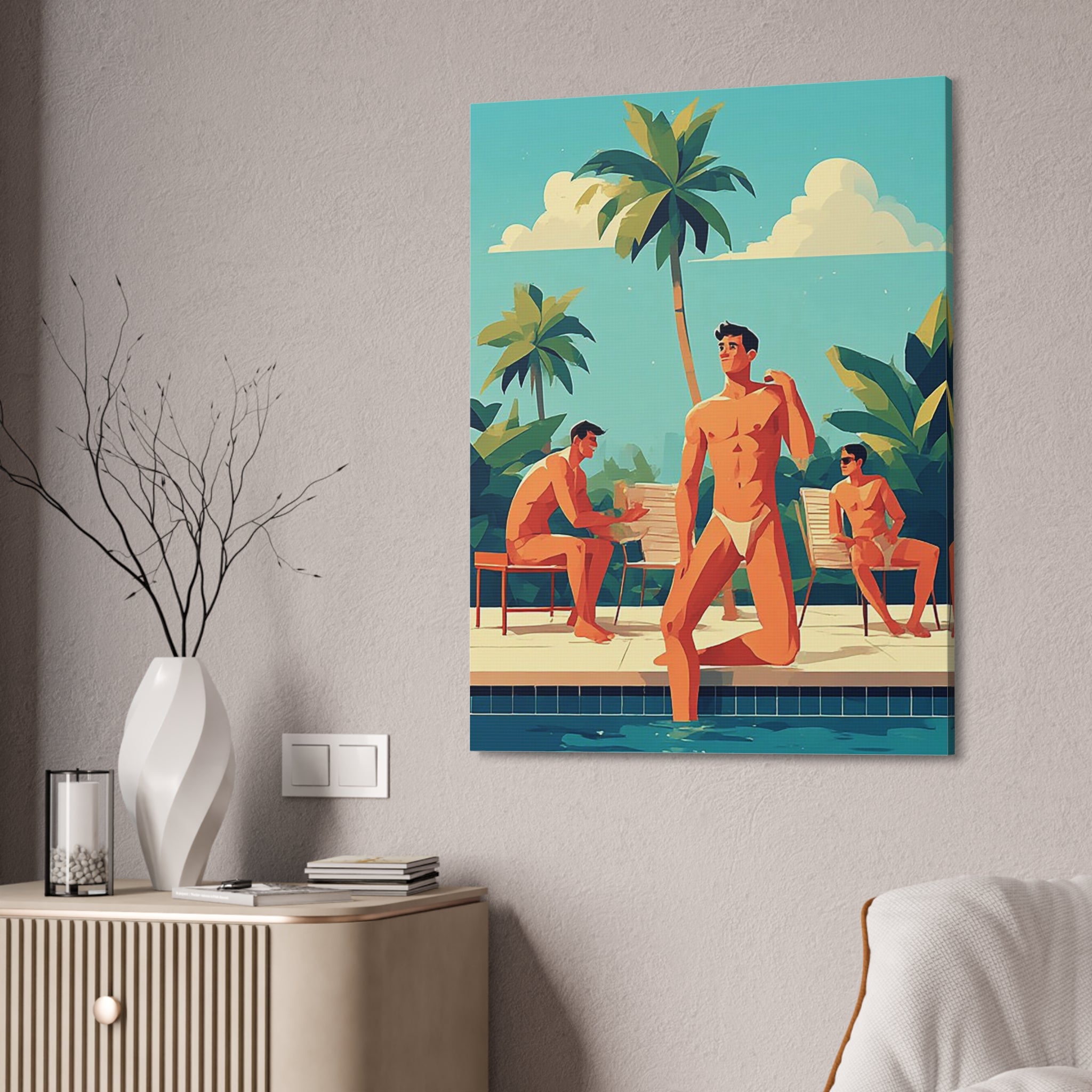 Tropical Poolside Canvas Print — Retro Men at Pool Art
