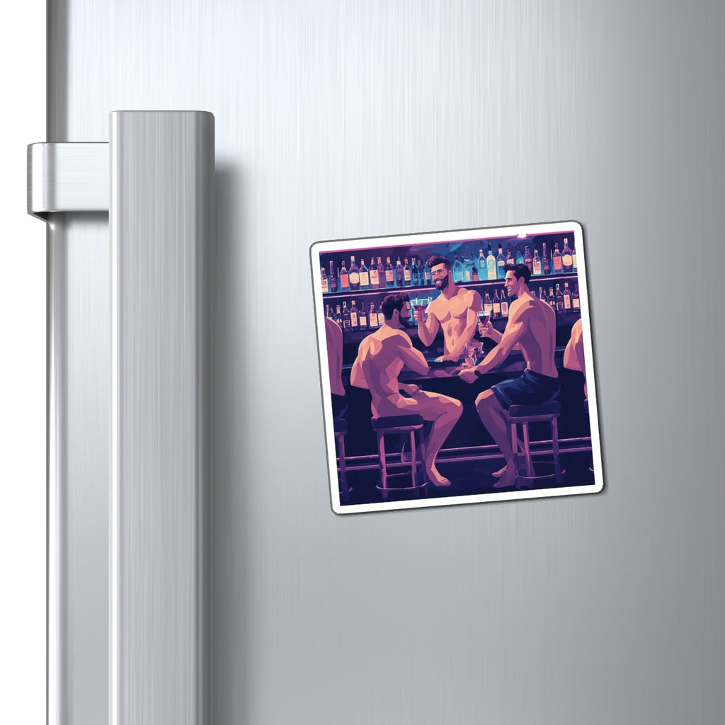 Bar Night Muscle Men Magnet — LGBTQ+ Gay Pride Fridge Magnet, Shirtless Guys at the Bar Art
