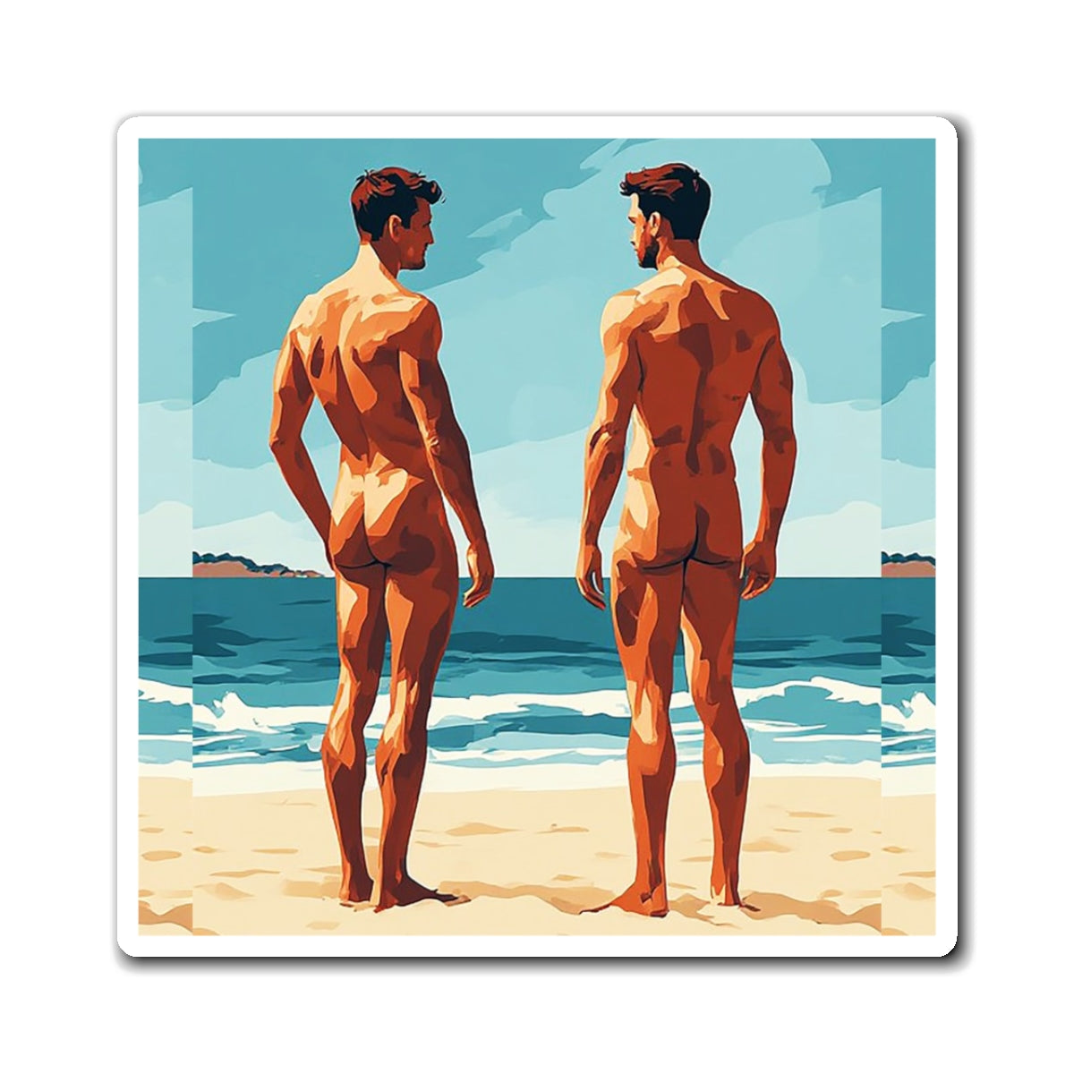 Beach-Backs Magnet — Retro Art Two Men on the Shore Refrigerator Magnet