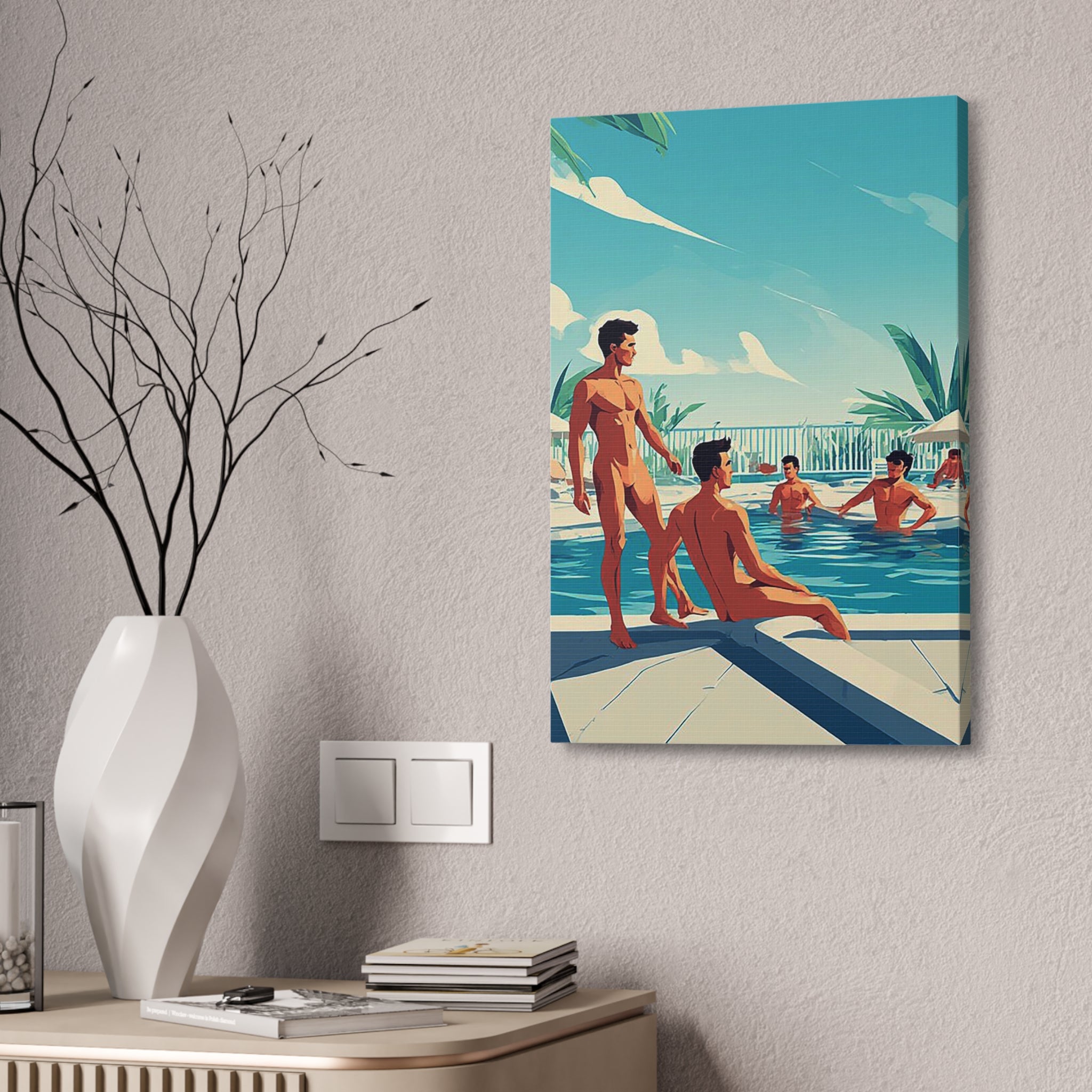 Poolside Vintage Art Canvas Print — Retro Men at Pool Wall Decor