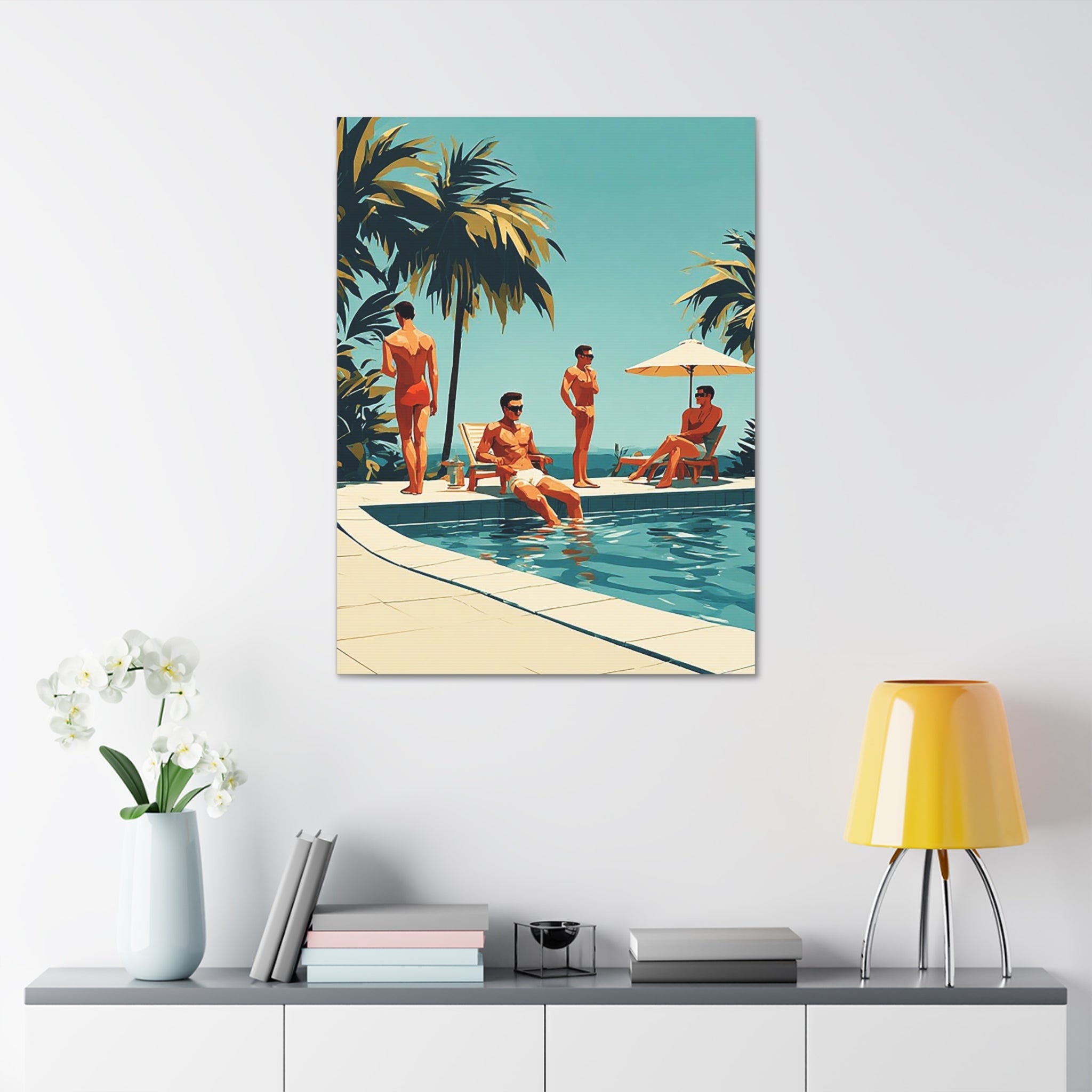 Vintage Poolside Canvas Wall Art — Retro Palm Trees & Sunbathers