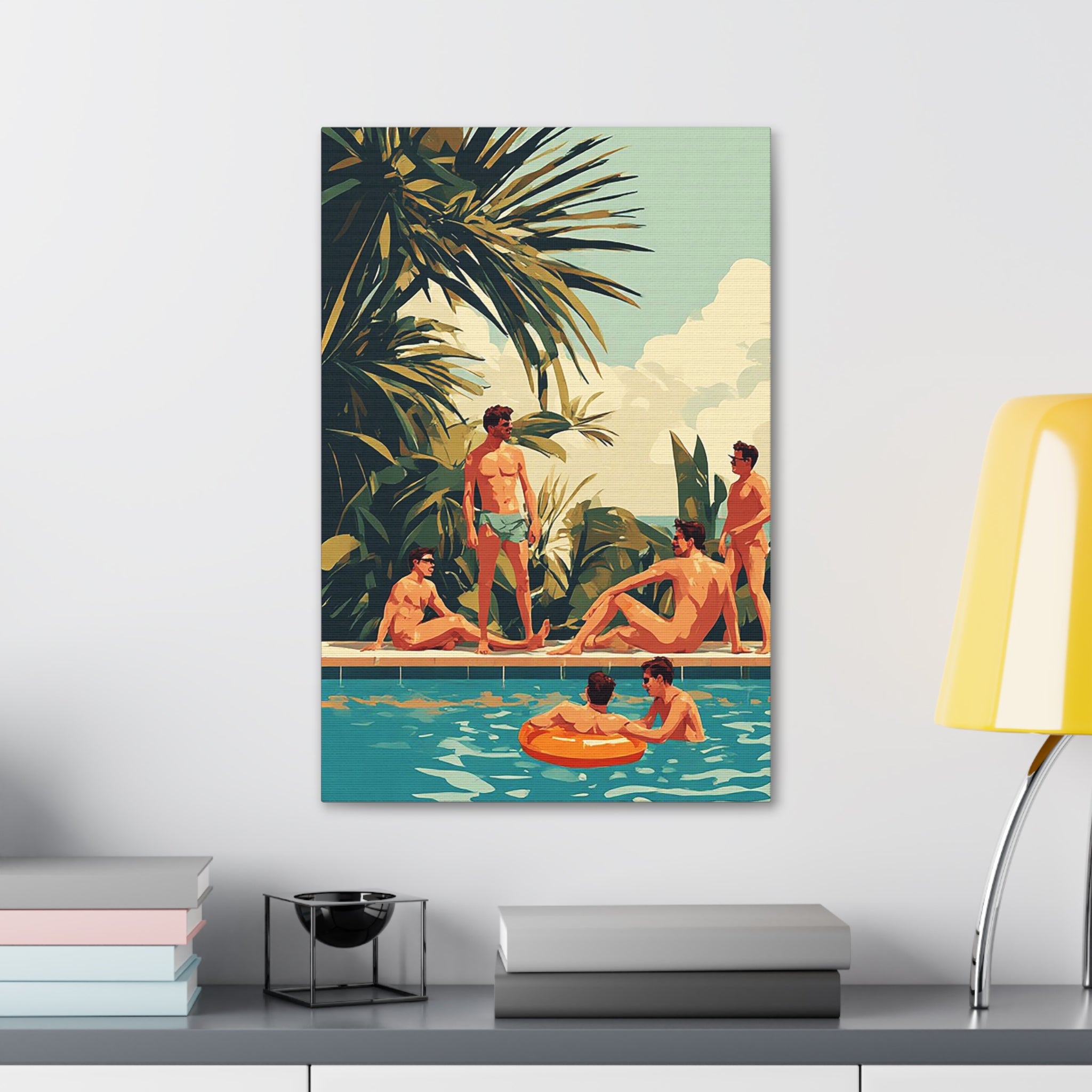 Retro Poolside Canvas Wall Art — Vintage Summer Men by the Pool Stretched Canvas