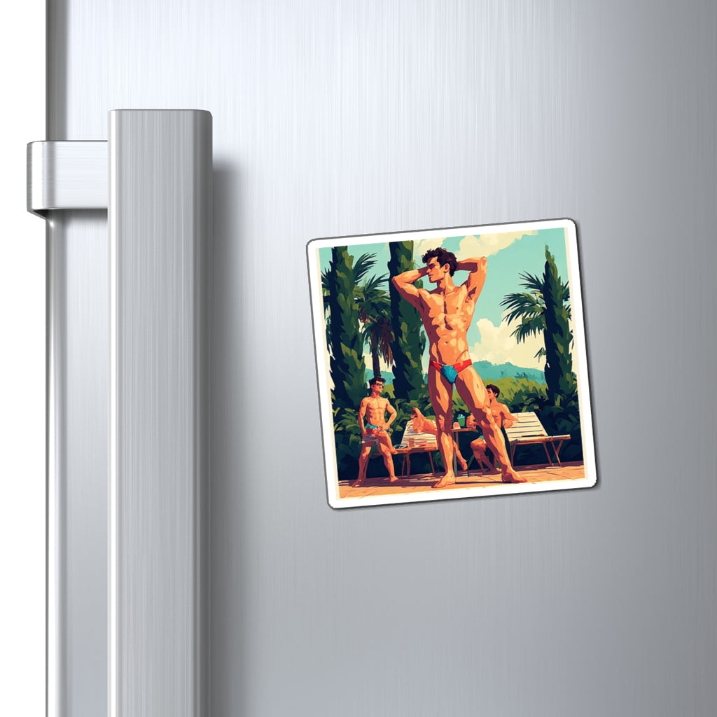 Retro Poolside Hunk Magnet — Vintage Male Swimwear Art Refrigerator Sticker