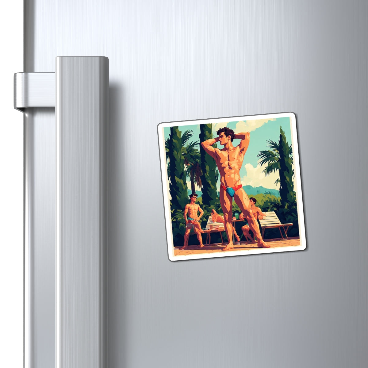 Retro Poolside Hunk Magnet — Vintage Male Swimwear Art Refrigerator Sticker