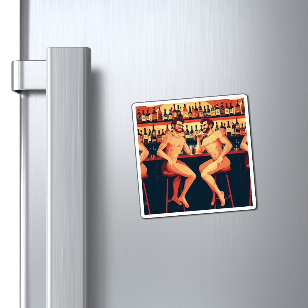Gay Bar Art Magnet — Playful Retro Nude Bartender Illustration Refrigerator Sticker