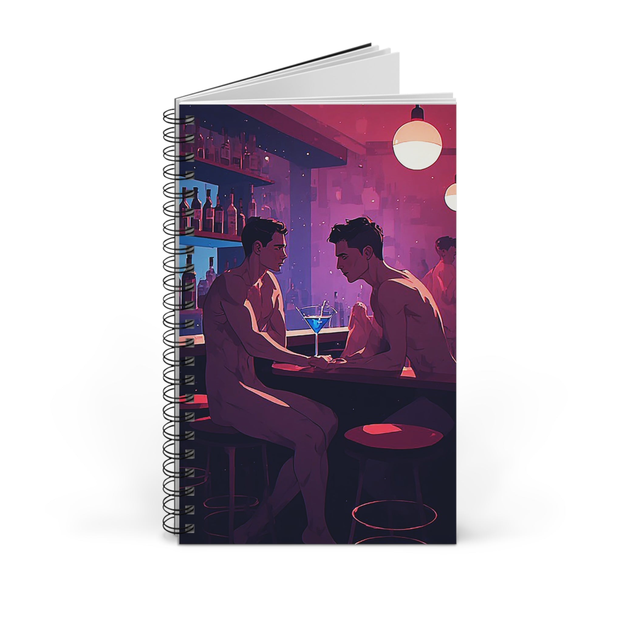 Spiral Journal — Nightclub Bar Art Cover, Intimate Gay Couples Illustration Notebook