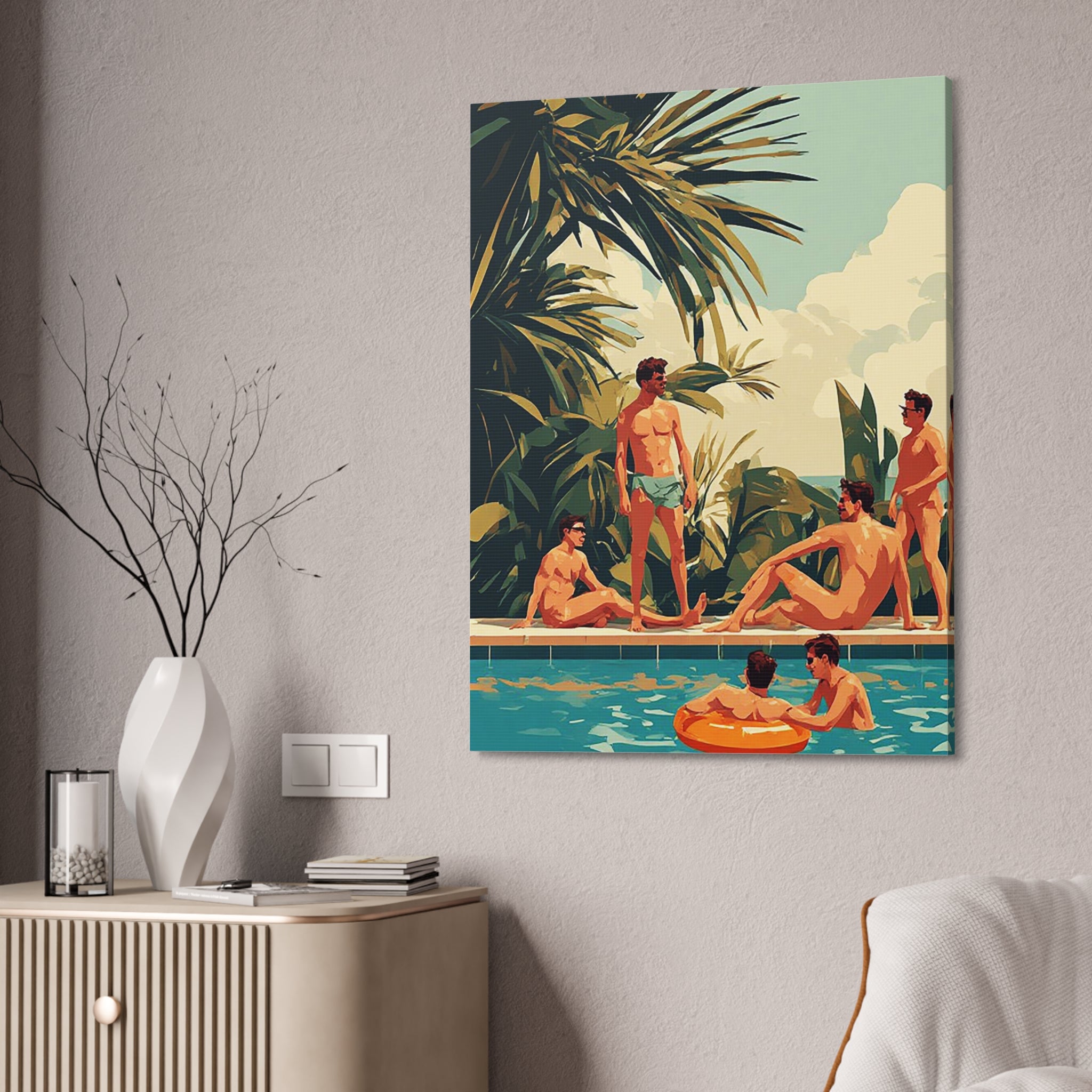 Retro Poolside Canvas Wall Art — Vintage Summer Men by the Pool Stretched Canvas