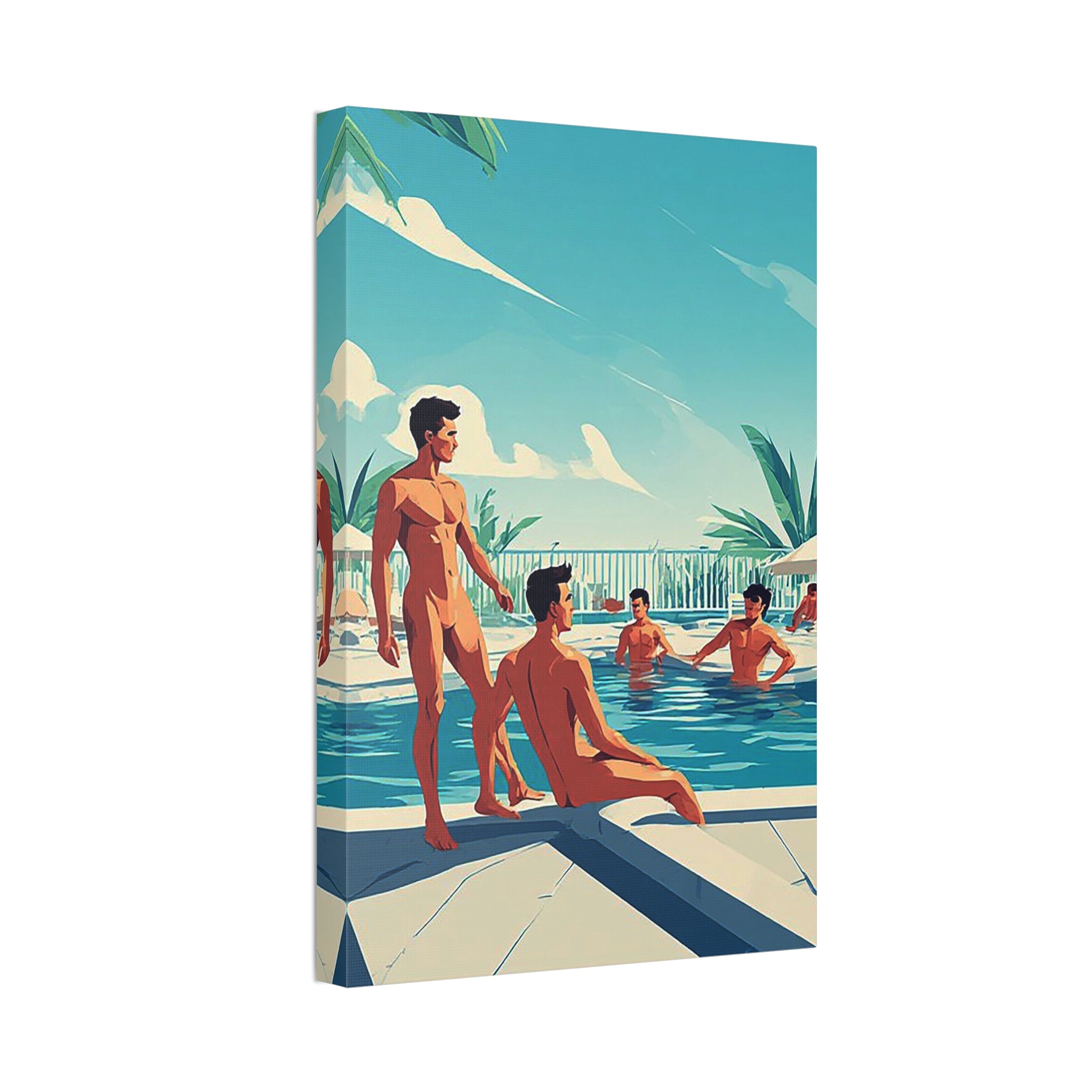 Poolside Vintage Art Canvas Print — Retro Men at Pool Wall Decor