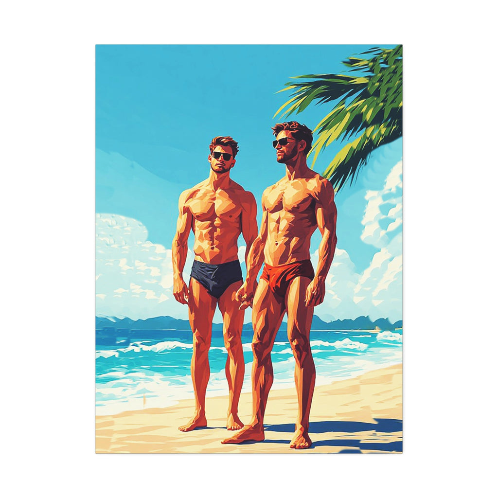 Beach Muscle Poster Canvas — Two Men Summer Swim Art (Stretched 1.5")