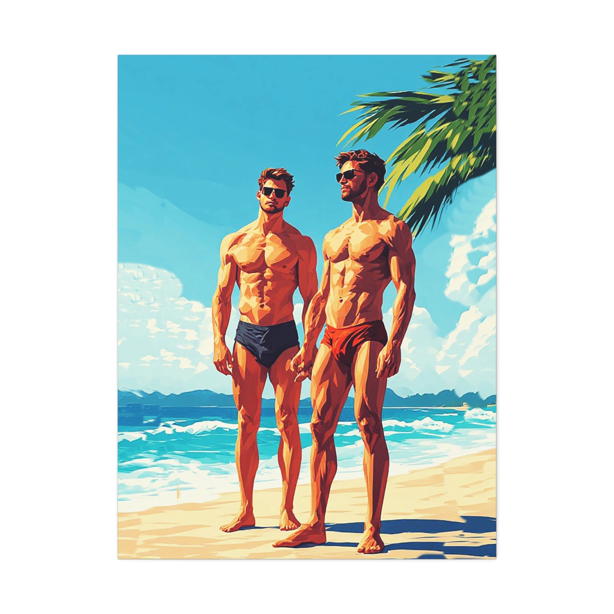 Beach Muscle Poster Canvas — Two Men Summer Swim Art (Stretched 1.5")